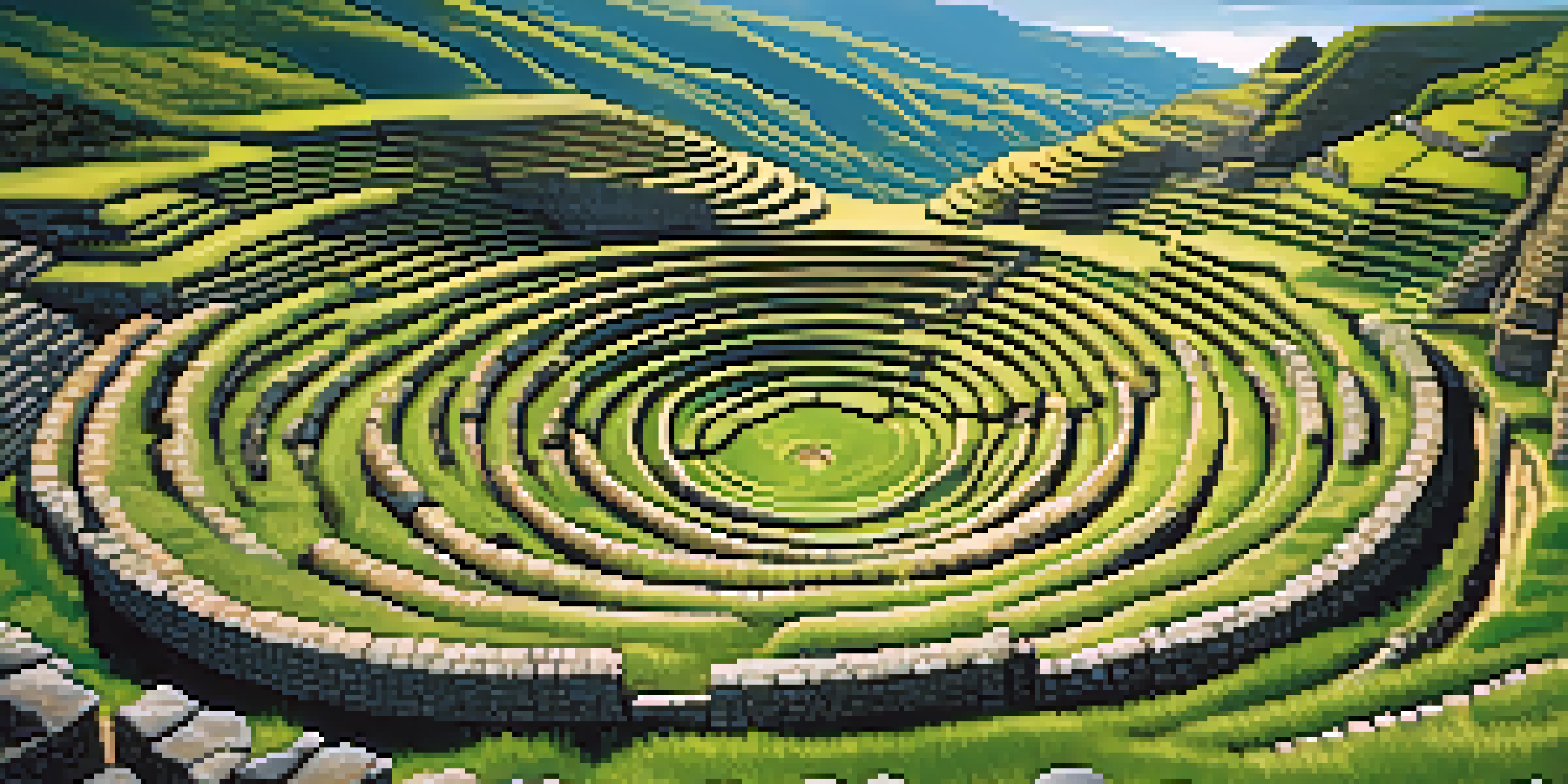 Aerial view of the terraced farming site of Moray with circular depressions and lush greenery, surrounded by mountains under a clear blue sky.