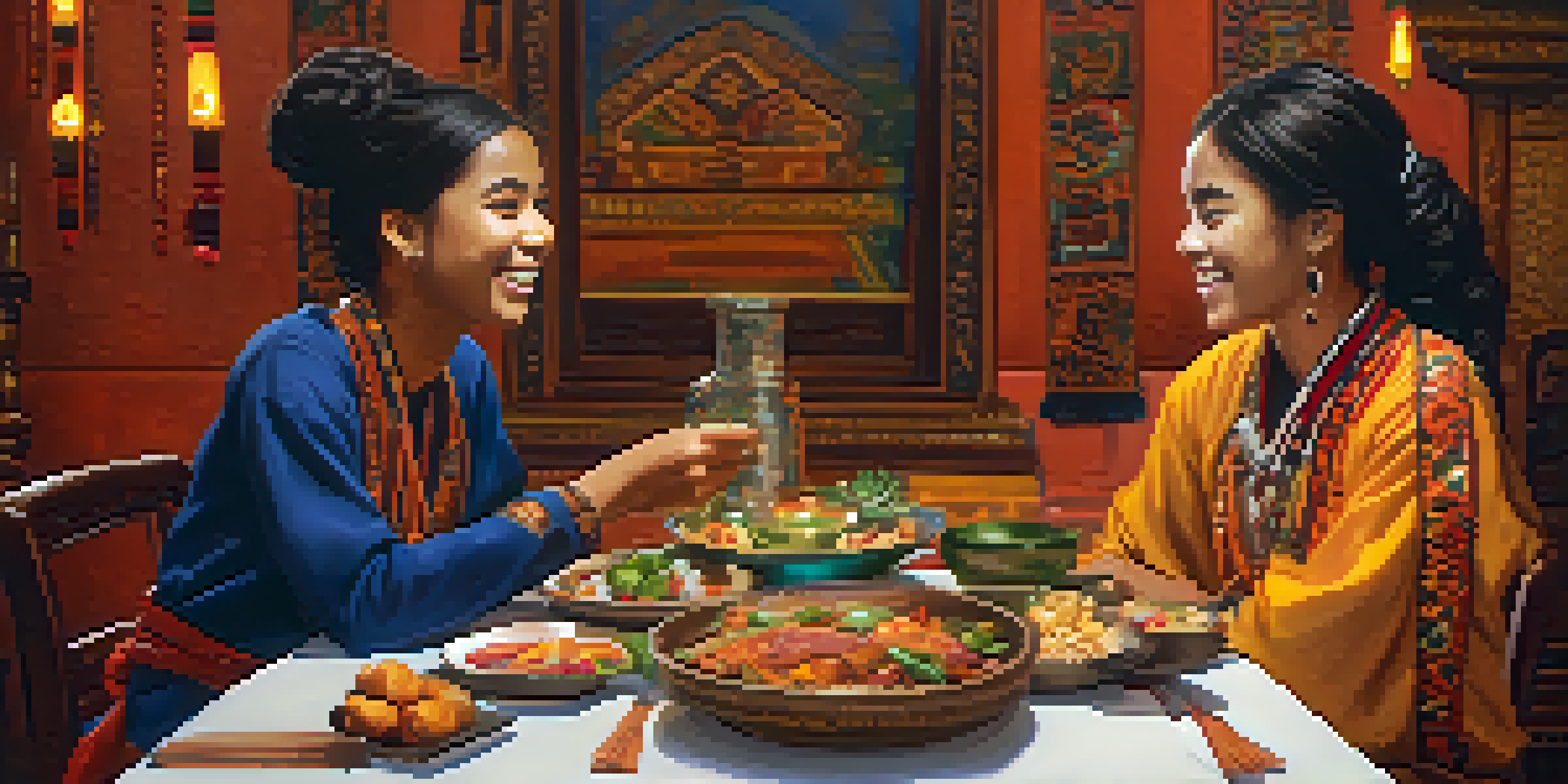 Two students from different cultures sharing a meal at a beautifully decorated table, smiling and laughing together.