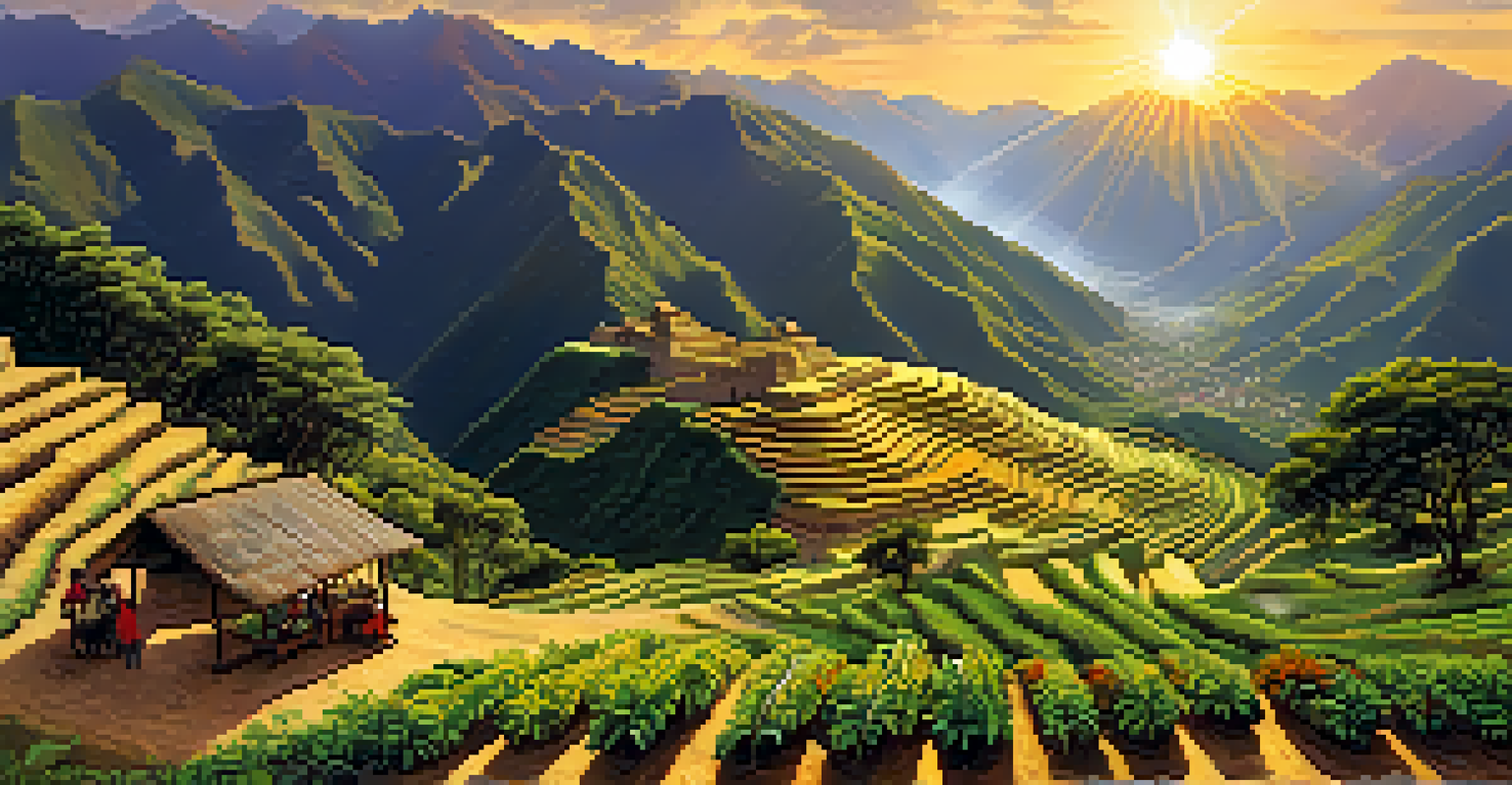 The Inca Trail with farmers harvesting spice crops in front of a sunset over the Andes mountains.
