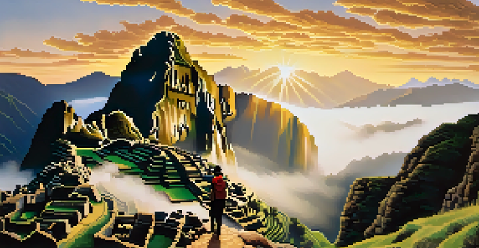 A silhouette of a hiker on the Inca Trail at dawn, with misty mountains and lush valleys in the background, illuminated by soft golden light.