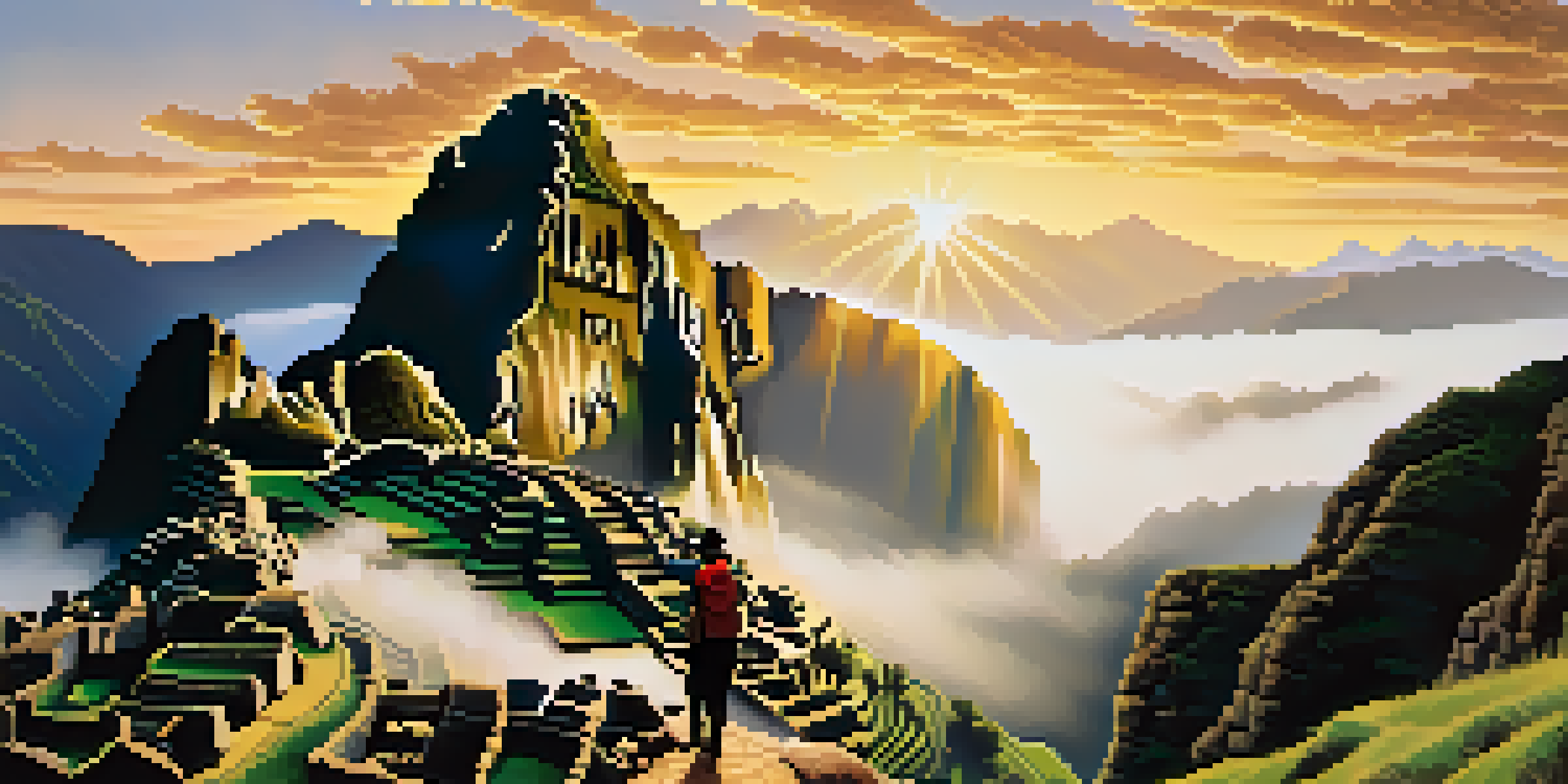 A silhouette of a hiker on the Inca Trail at dawn, with misty mountains and lush valleys in the background, illuminated by soft golden light.