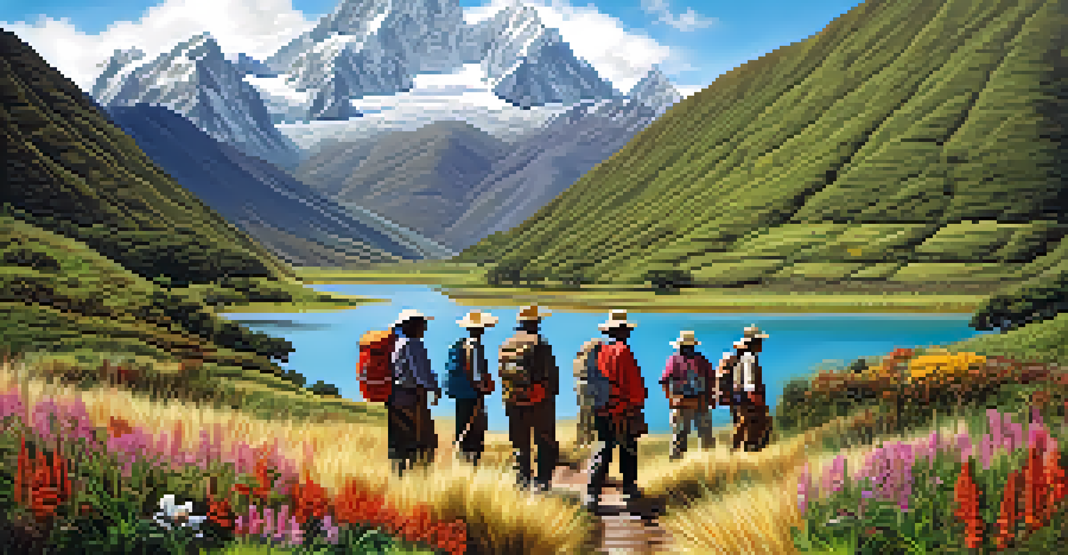 An indigenous community in Peru guiding tourists through the Andes mountains, surrounded by stunning landscapes and vibrant wildflowers.