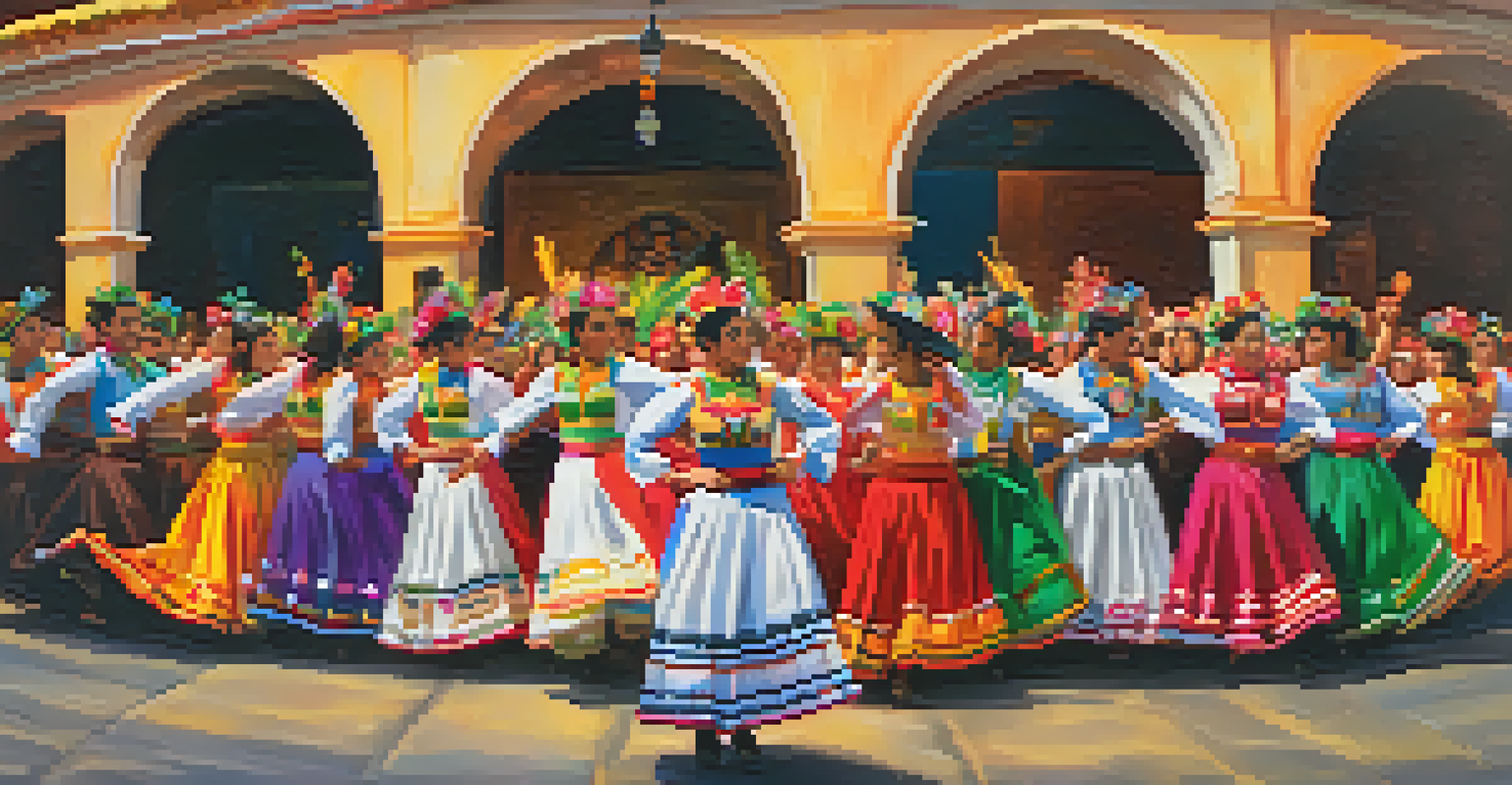 Dancers in traditional costumes perform at the Fiesta de la Candelaria with musicians playing traditional instruments, creating a lively atmosphere.