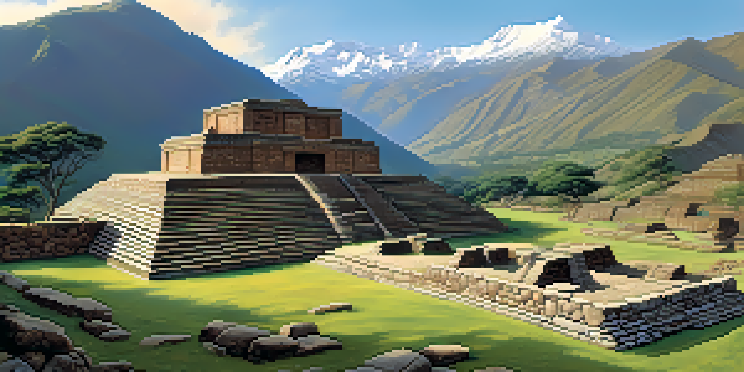 A wide view of the Chavin de Huantar archaeological site with detailed stone carvings and the Andes mountains in the background, bathed in morning light.