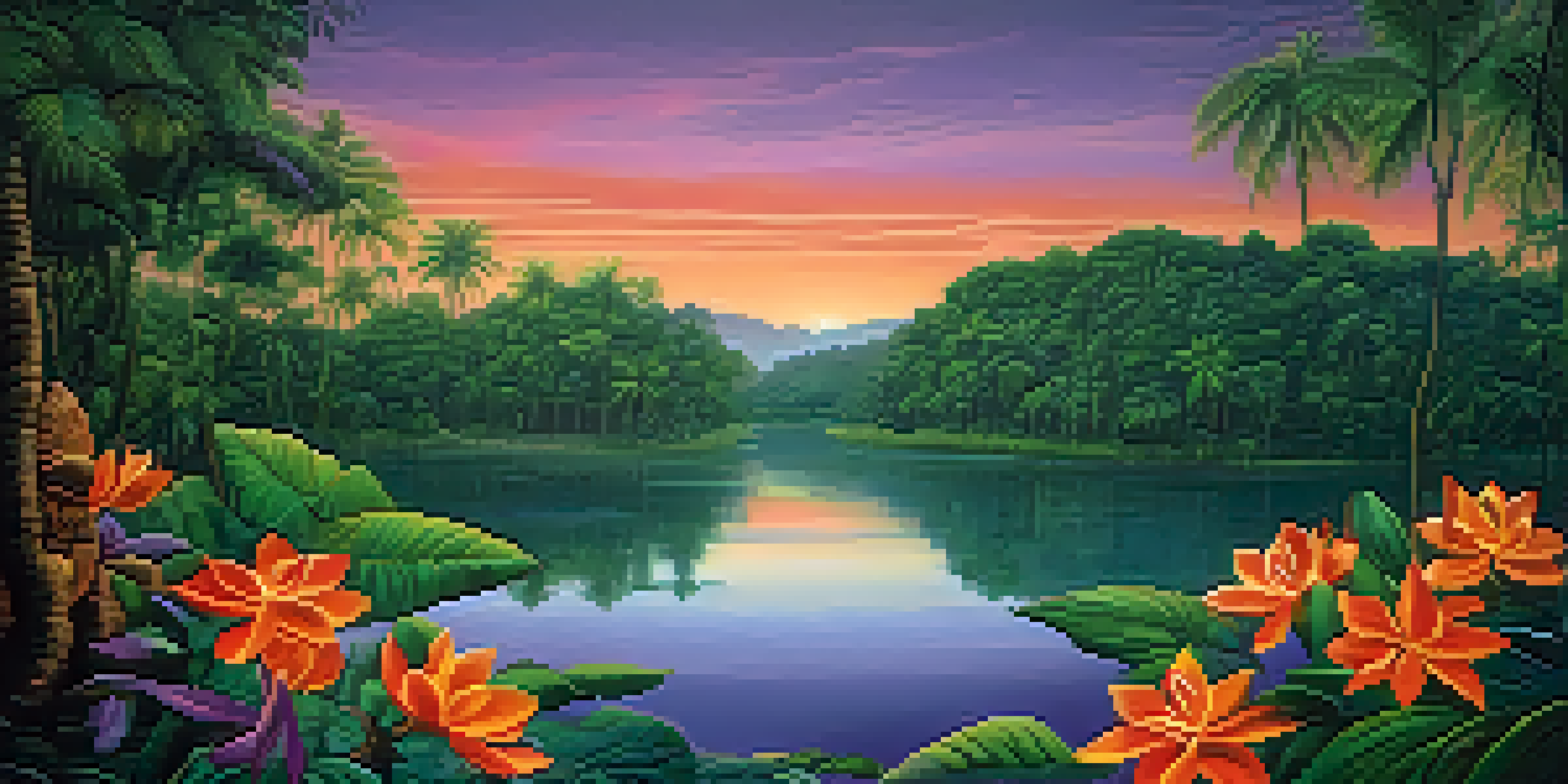 A peaceful Amazon rainforest at twilight with a river, lush greenery, tropical flowers, and a ceremonial mat.