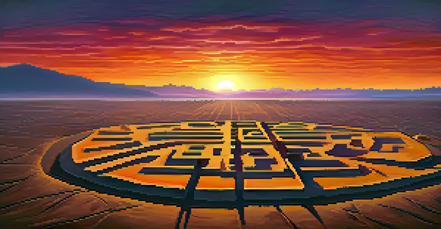 Dusk landscape of the Nazca desert with faintly visible Nazca Lines, featuring a sunset sky in orange and purple hues.