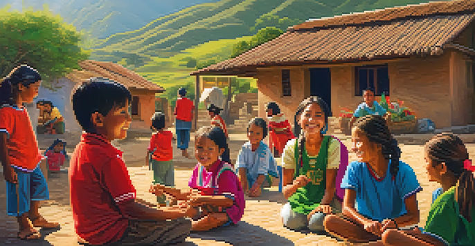 A group of international volunteers engaged with local children in a colorful Peruvian village, with mountains in the background and bright sunlight illuminating the scene.