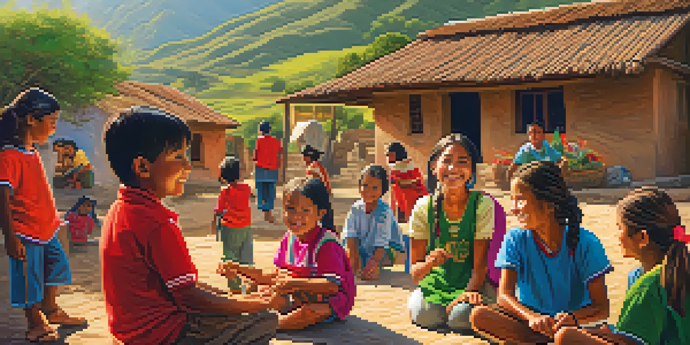 A group of international volunteers engaged with local children in a colorful Peruvian village, with mountains in the background and bright sunlight illuminating the scene.