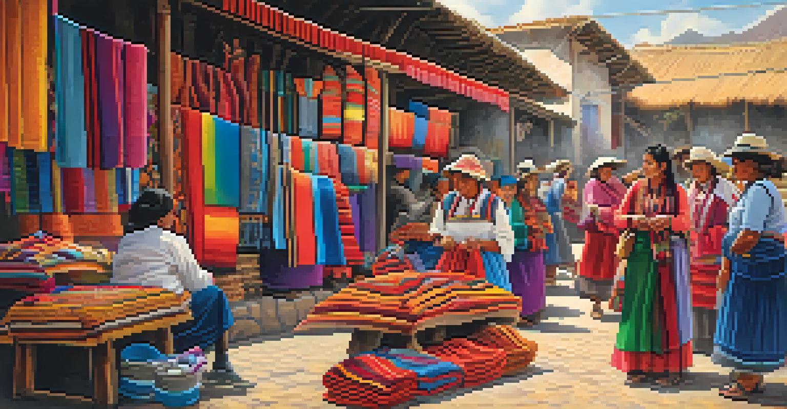 A vibrant marketplace in Peru with artisans selling handmade textiles, showcasing a variety of colors and patterns, under warm sunlight.