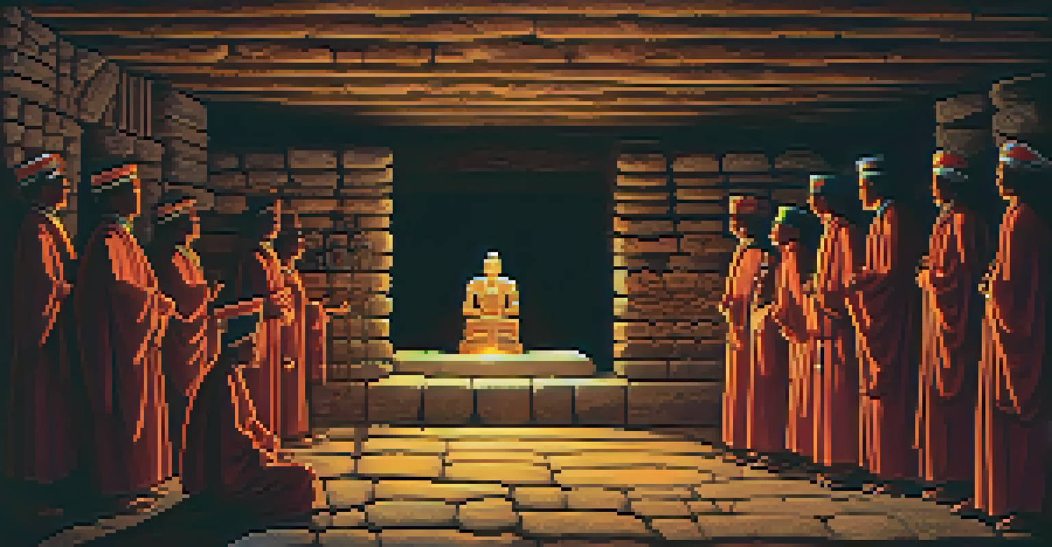 An artistic depiction of ancient priests performing a ceremony at Chavín de Huantar, with the Old Temple in the background.