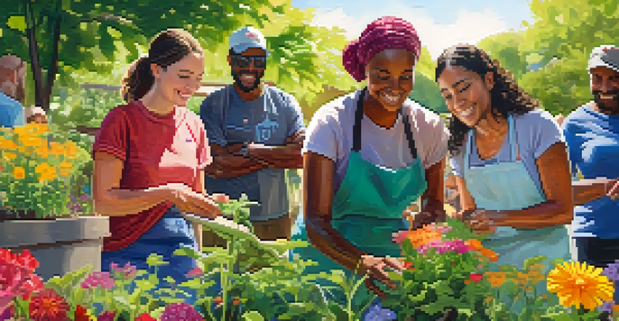 A diverse group of volunteers smiling and working together in a community garden, planting seeds under the sunlight.