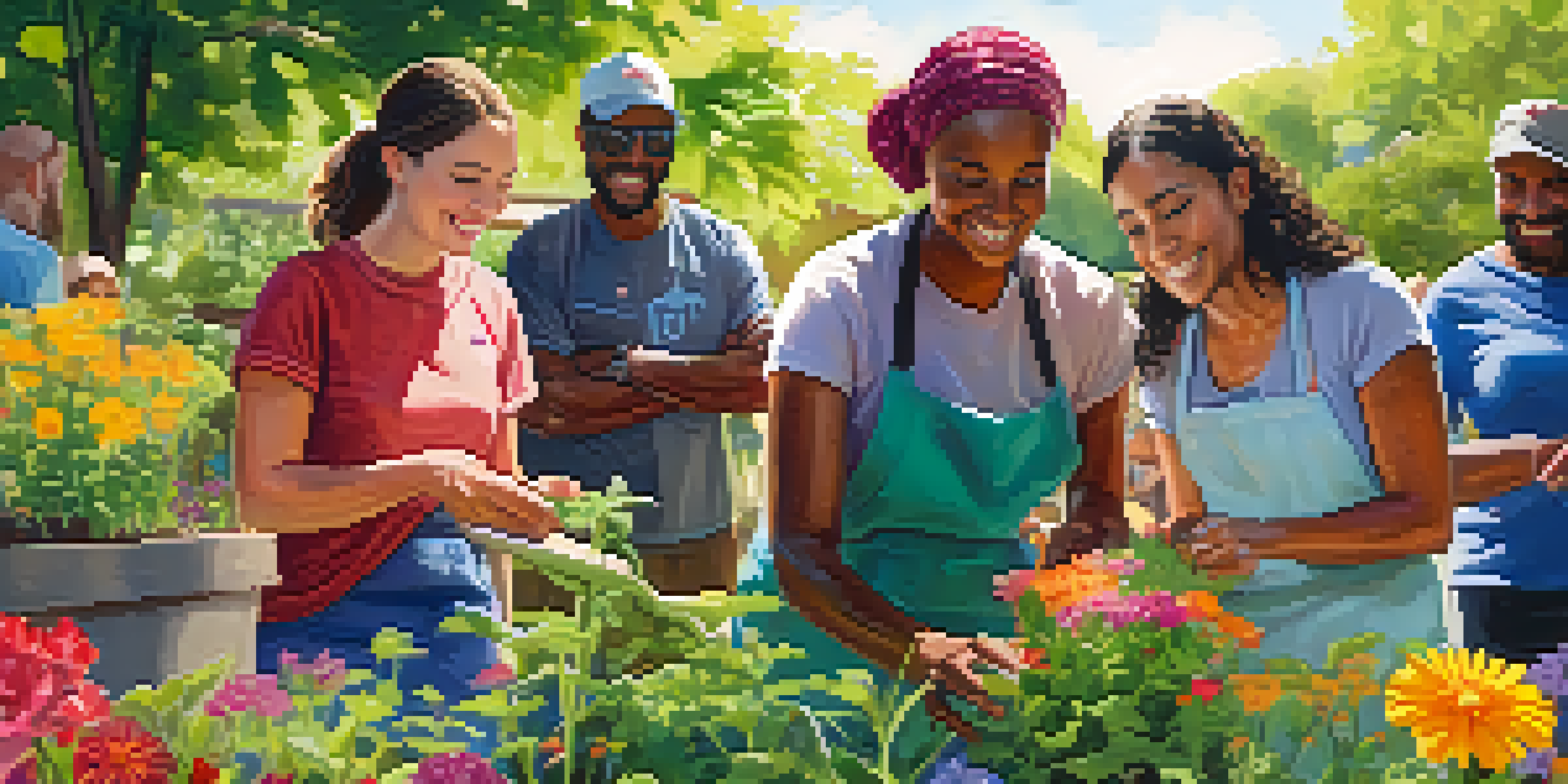 A diverse group of volunteers smiling and working together in a community garden, planting seeds under the sunlight.
