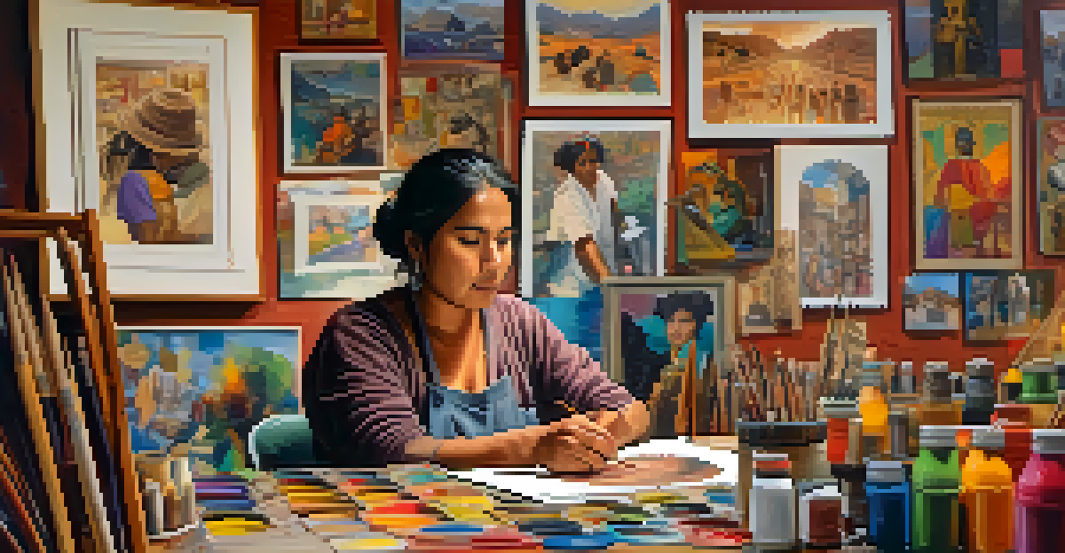 A Peruvian artist in their studio, surrounded by vibrant mixed media artworks and cultural artifacts, as they paint on a canvas.