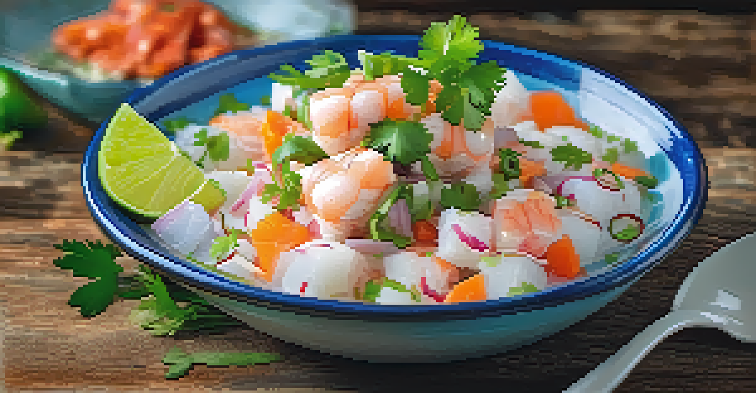 A close-up view of a plate of traditional Peruvian ceviche, featuring fresh fish, lime wedges, and cilantro, on a rustic wooden table.