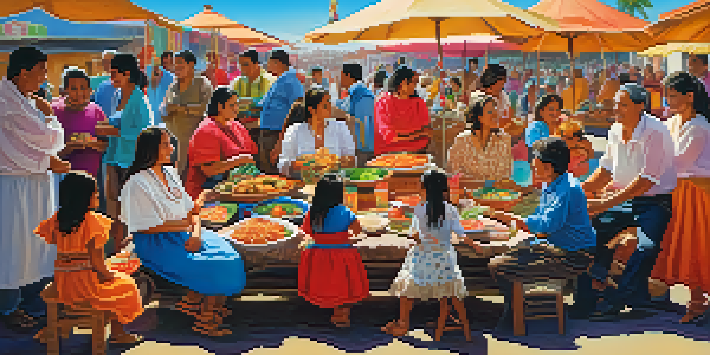 A multi-generational Peruvian family enjoying a meal together at a festival, surrounded by colorful decorations and food.