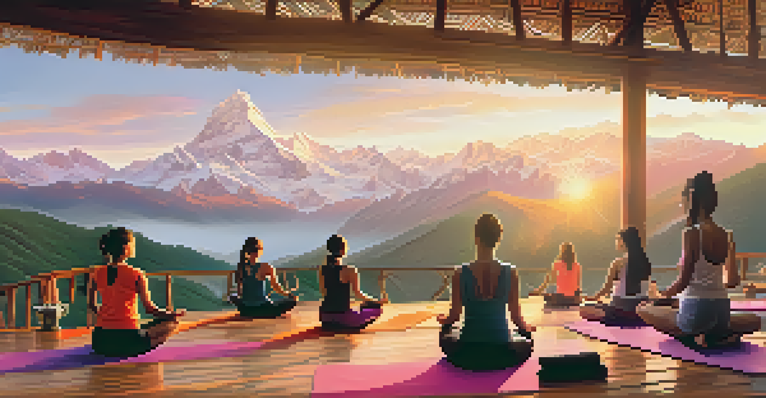 A group of people practicing yoga on a deck overlooking the Andes mountains at sunrise, with mist and vibrant colors in the sky.