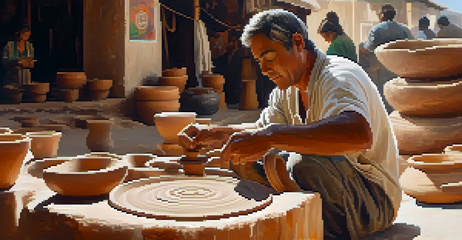 An artisan shaping pottery at a market, with clay and finished pottery pieces around them.