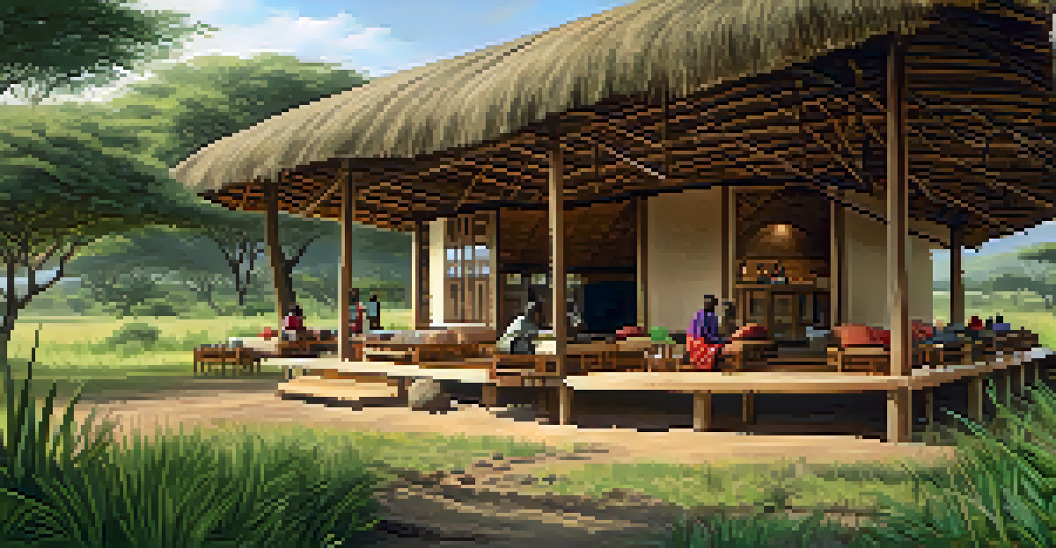 An eco-lodge in the Maasai Mara with local Maasai members interacting with tourists amidst natural surroundings.
