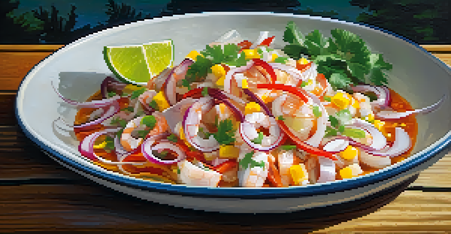 A plate of ceviche with fresh fish, lime juice, onions, and aji peppers, served with sweet potato and corn on a rustic wooden table.