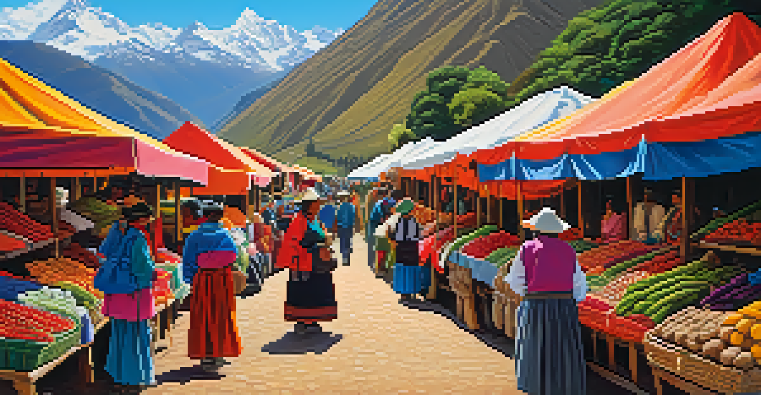 A lively market in the Sacred Valley of Peru, with traditional stalls, colorful textiles, fresh produce, and local vendors dressed in vibrant attire, with the Andes mountains in the background.