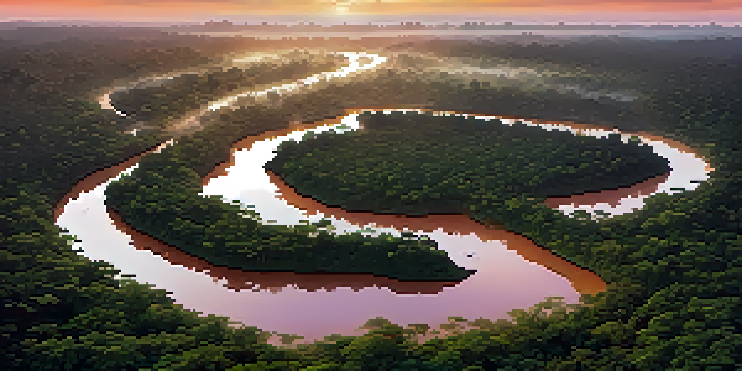 Aerial view of the Amazon rainforest at sunset, highlighting the dense greenery and winding river.