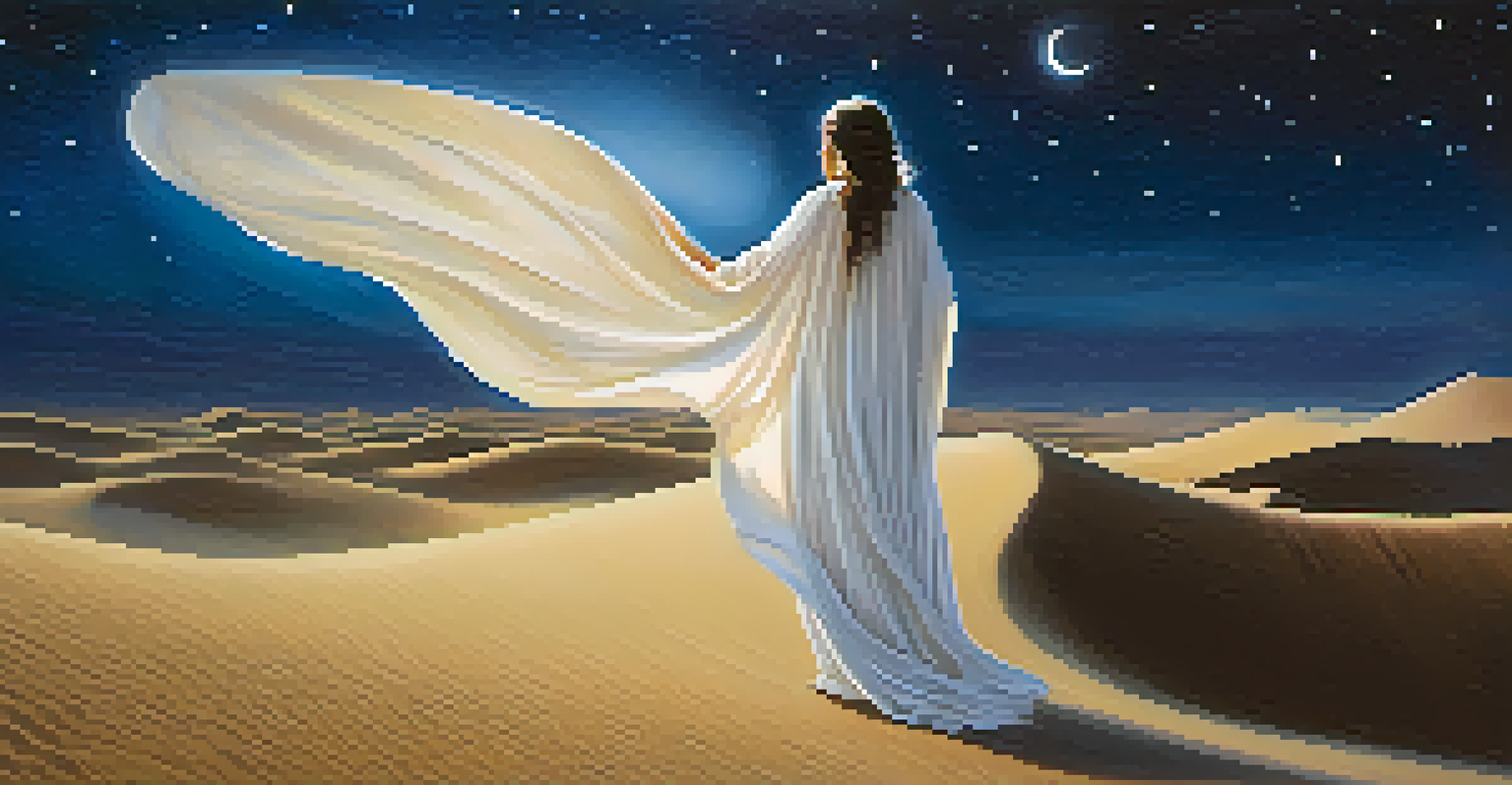 An ethereal ghostly figure in white robes gliding over sand dunes at night, with a starry sky and a lagoon in the background.