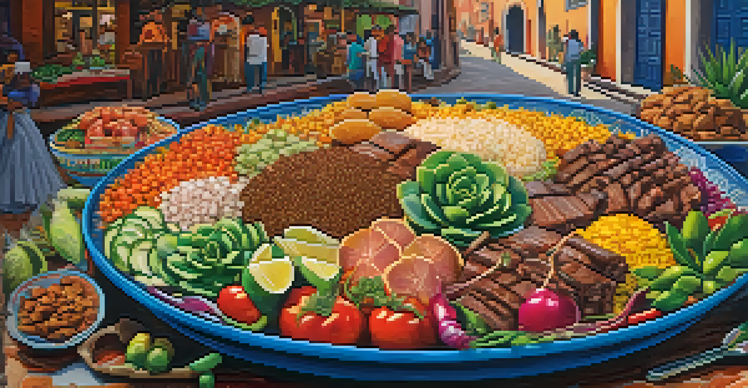A traditional Peruvian dish, 'pachamanca,' displayed at the La Fiesta de la Virgen de la Candelaria festival, surrounded by vibrant street food stalls.