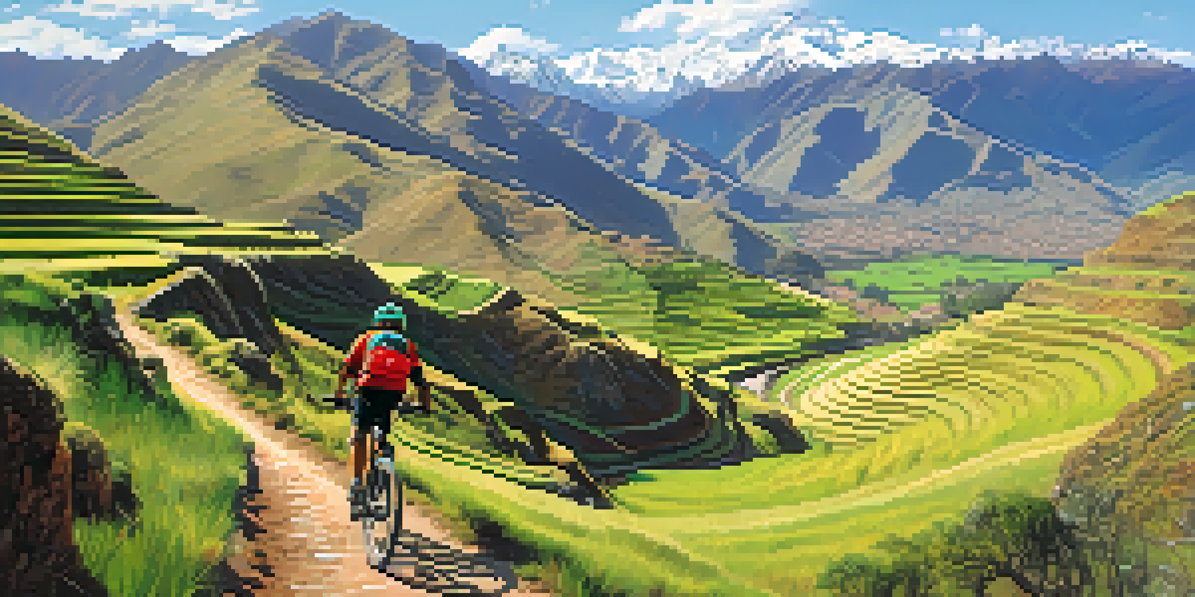 A mountain biker riding through the Sacred Valley, with terraced fields and mountains in the background.