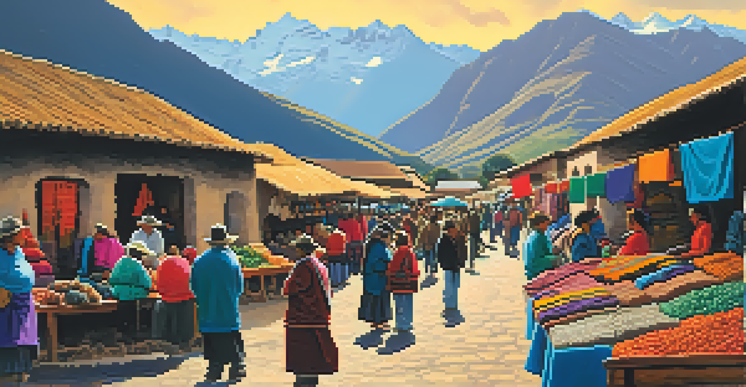 A lively artisan market in the Sacred Valley featuring colorful handicrafts and the Andes mountains in the background.
