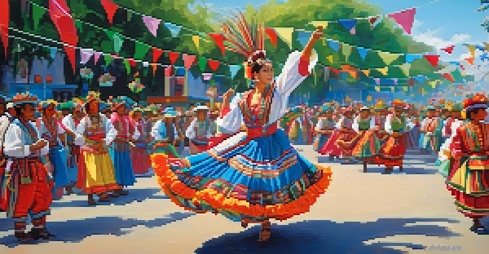 A lively Peruvian festival with dancers in colorful costumes amidst a joyful crowd and green surroundings.