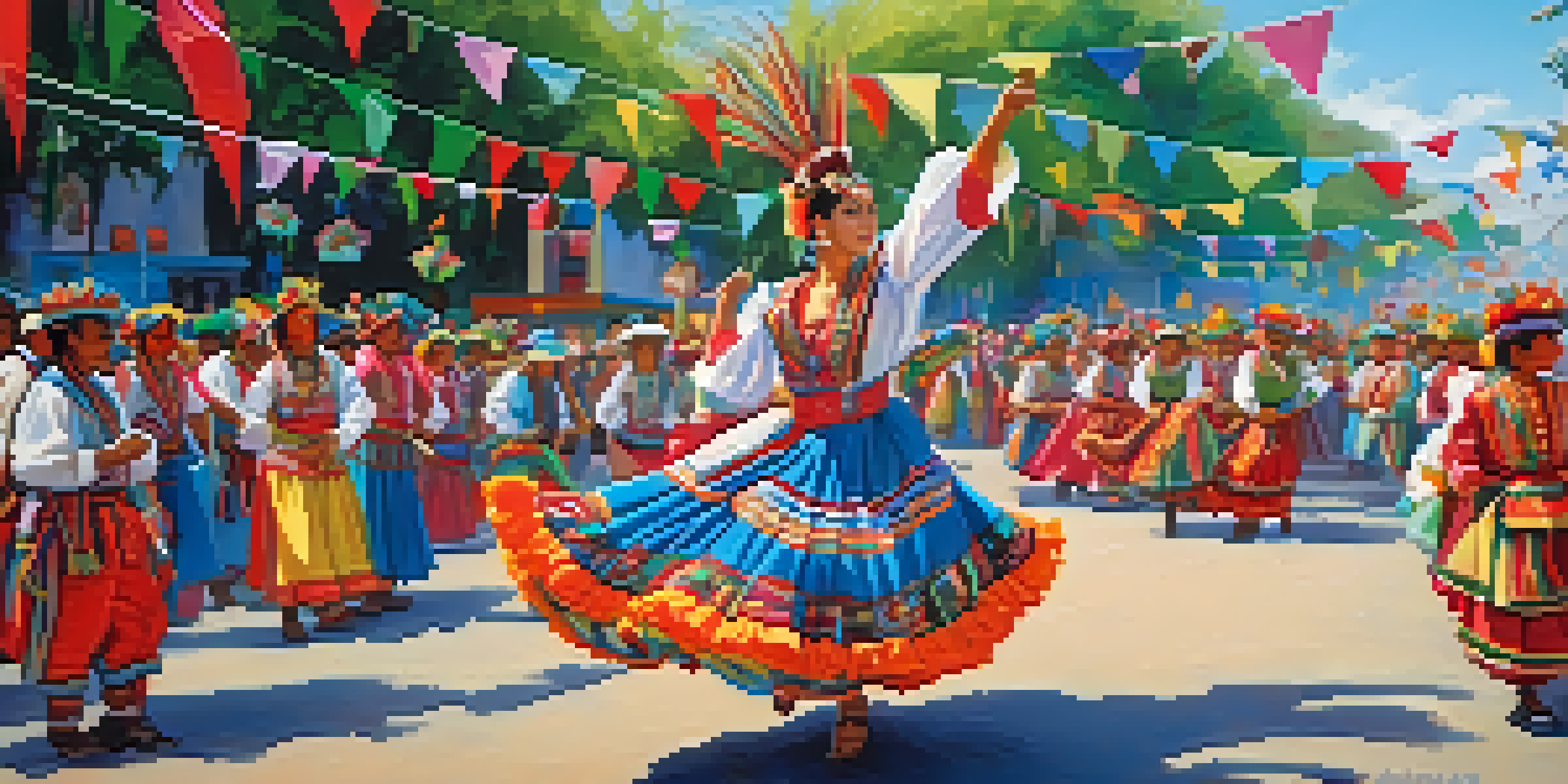 A lively Peruvian festival with dancers in colorful costumes amidst a joyful crowd and green surroundings.