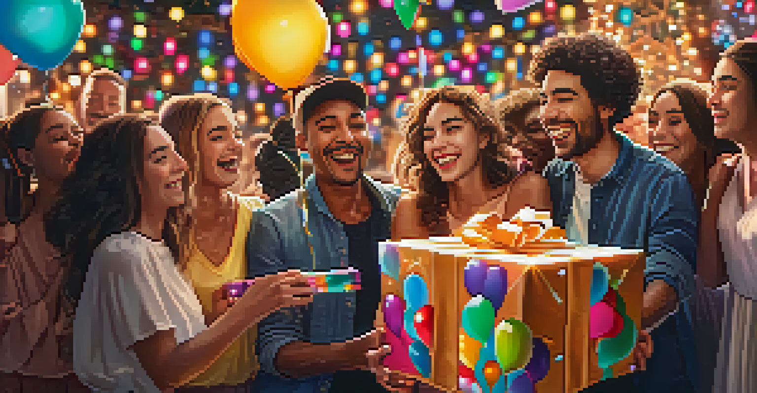 A group of friends presenting a large gift at a festive gathering with balloons and fairy lights.