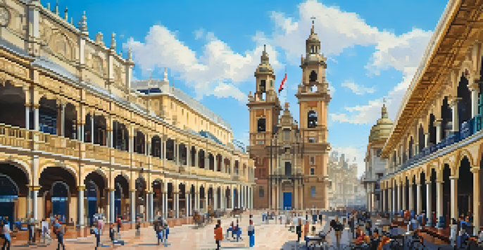 A view of Lima's Historic Center featuring the Government Palace and Cathedral, with intricate architecture and colorful balconies, and people in the plaza.