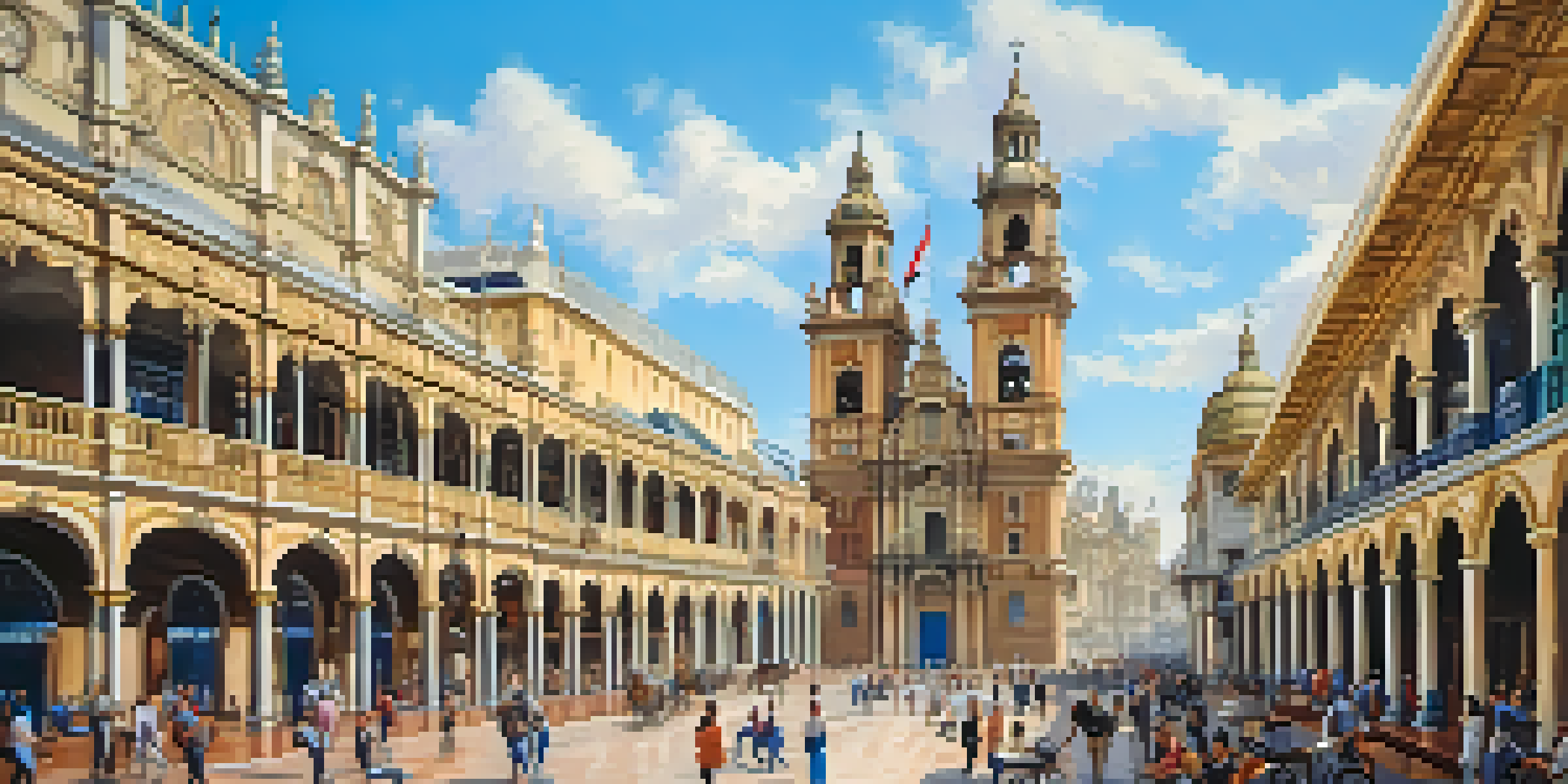 A view of Lima's Historic Center featuring the Government Palace and Cathedral, with intricate architecture and colorful balconies, and people in the plaza.