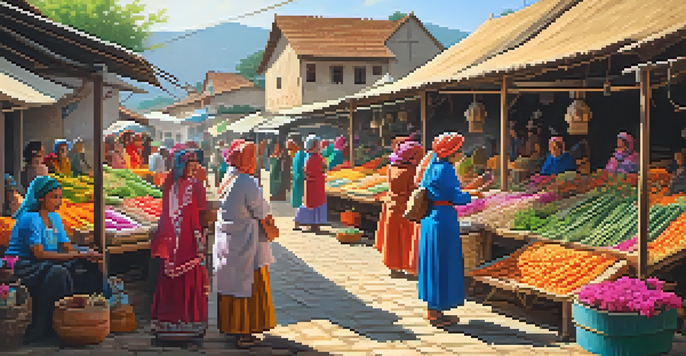 A lively market scene with women in traditional clothing selling handmade crafts and produce in a sunny village square, surrounded by greenery and colorful flowers.
