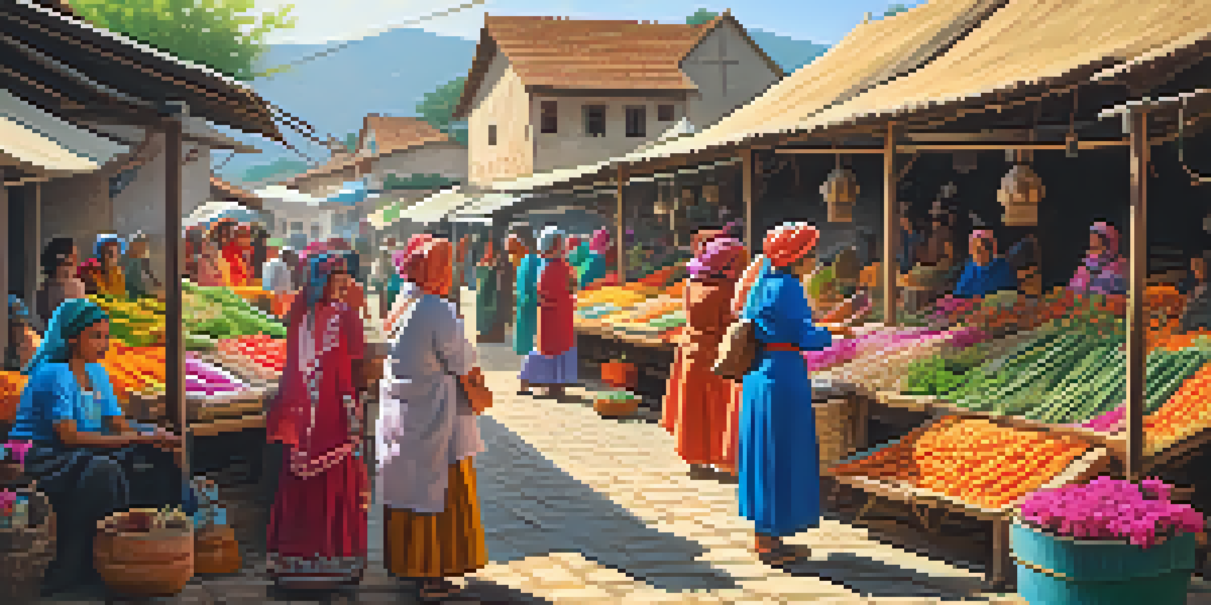A lively market scene with women in traditional clothing selling handmade crafts and produce in a sunny village square, surrounded by greenery and colorful flowers.