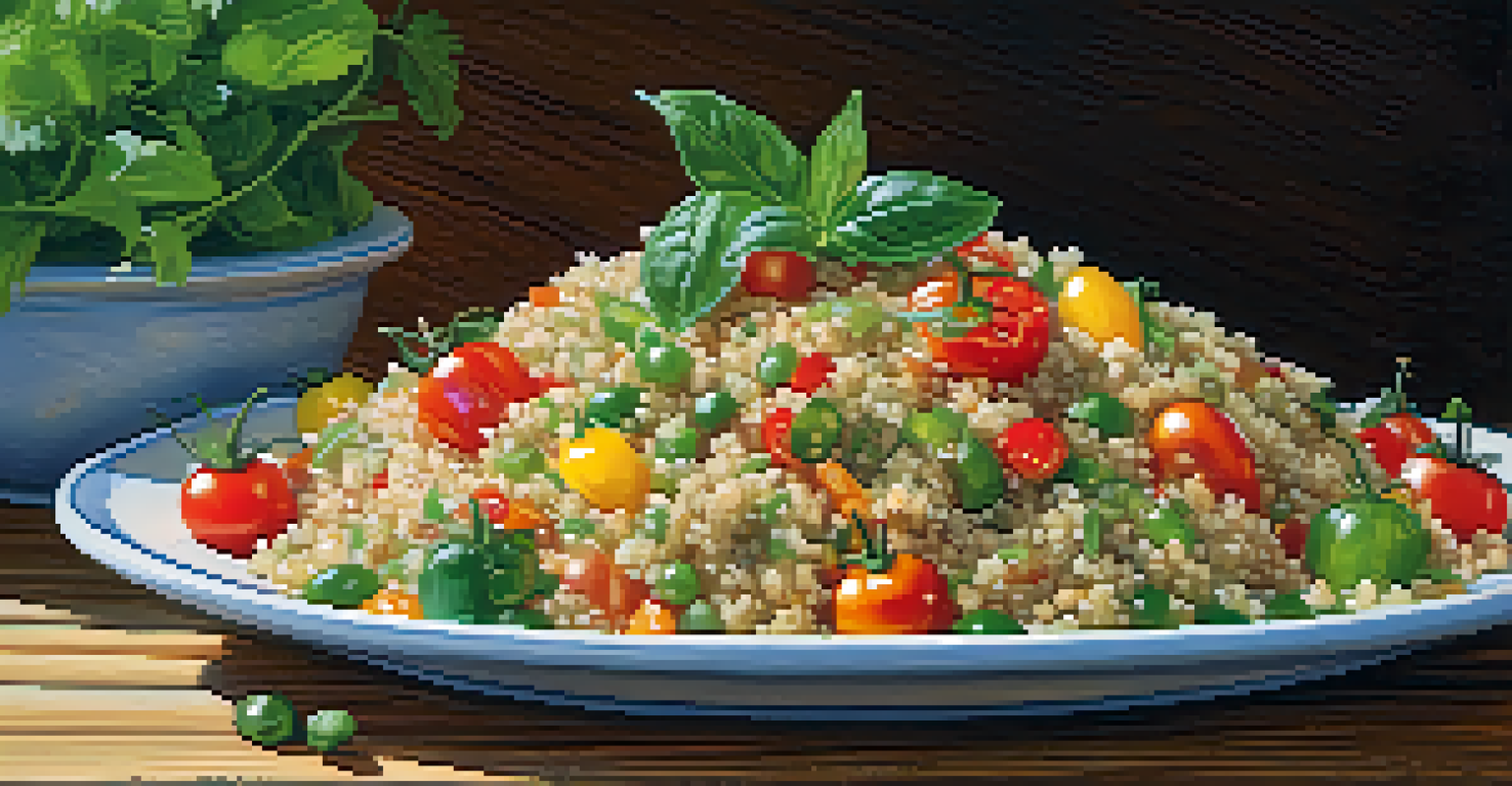 A colorful quinoa salad with cherry tomatoes, cucumber, and bell peppers, presented on a rustic wooden table.
