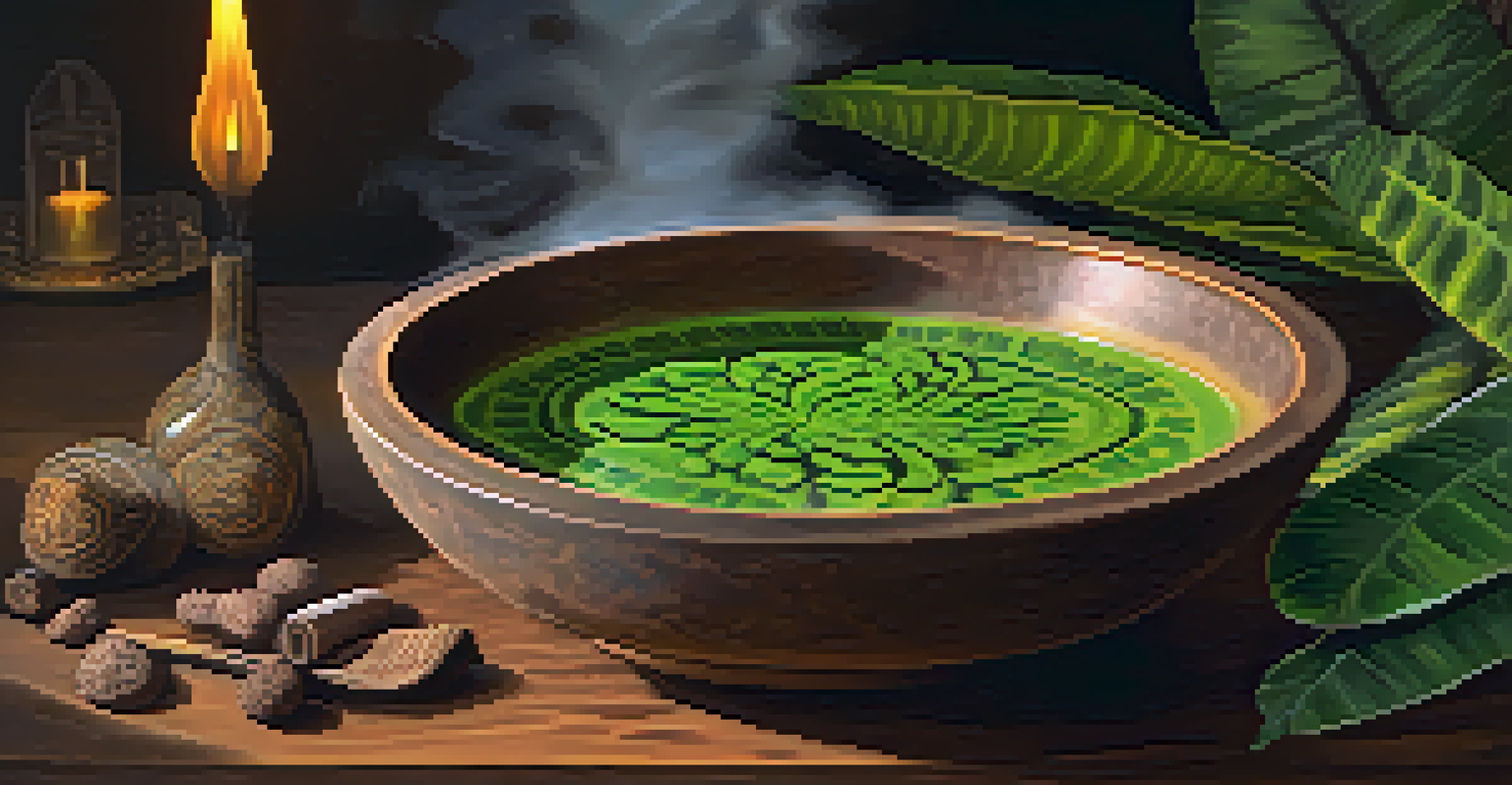 A close-up of a ceramic bowl filled with Ayahuasca brew, surrounded by green leaves, with steam rising in soft warm light.
