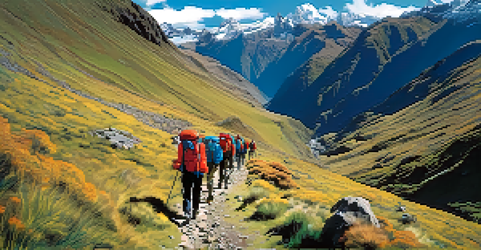 Hikers on a scenic trail in the Andes, surrounded by lush greenery and majestic mountains.