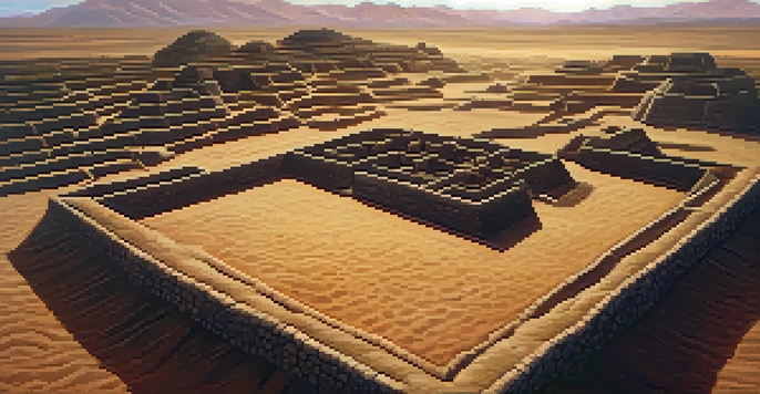 Aerial view of the Tumbas Reales de Sipán archaeological site with burial mounds and a sunset in the background.