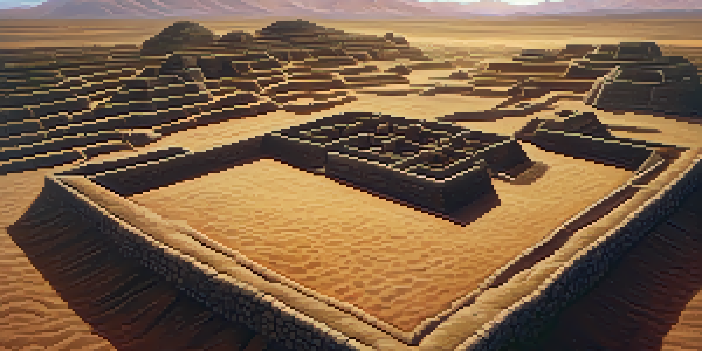 Aerial view of the Tumbas Reales de Sipán archaeological site with burial mounds and a sunset in the background.