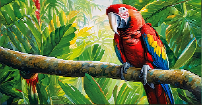 A colorful scarlet macaw sitting on a branch in a green rainforest, with sunlight shining through the leaves.