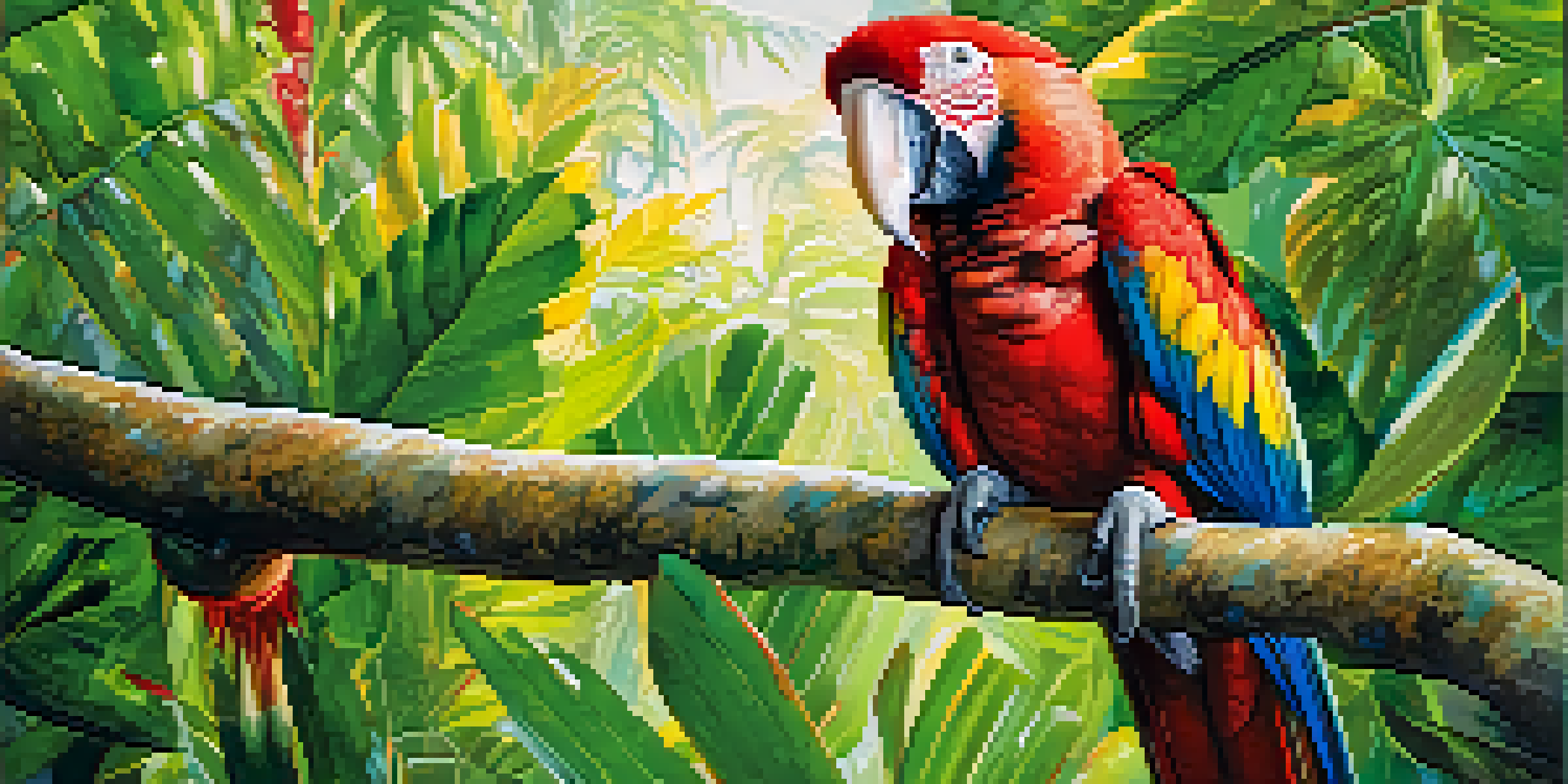 A colorful scarlet macaw sitting on a branch in a green rainforest, with sunlight shining through the leaves.