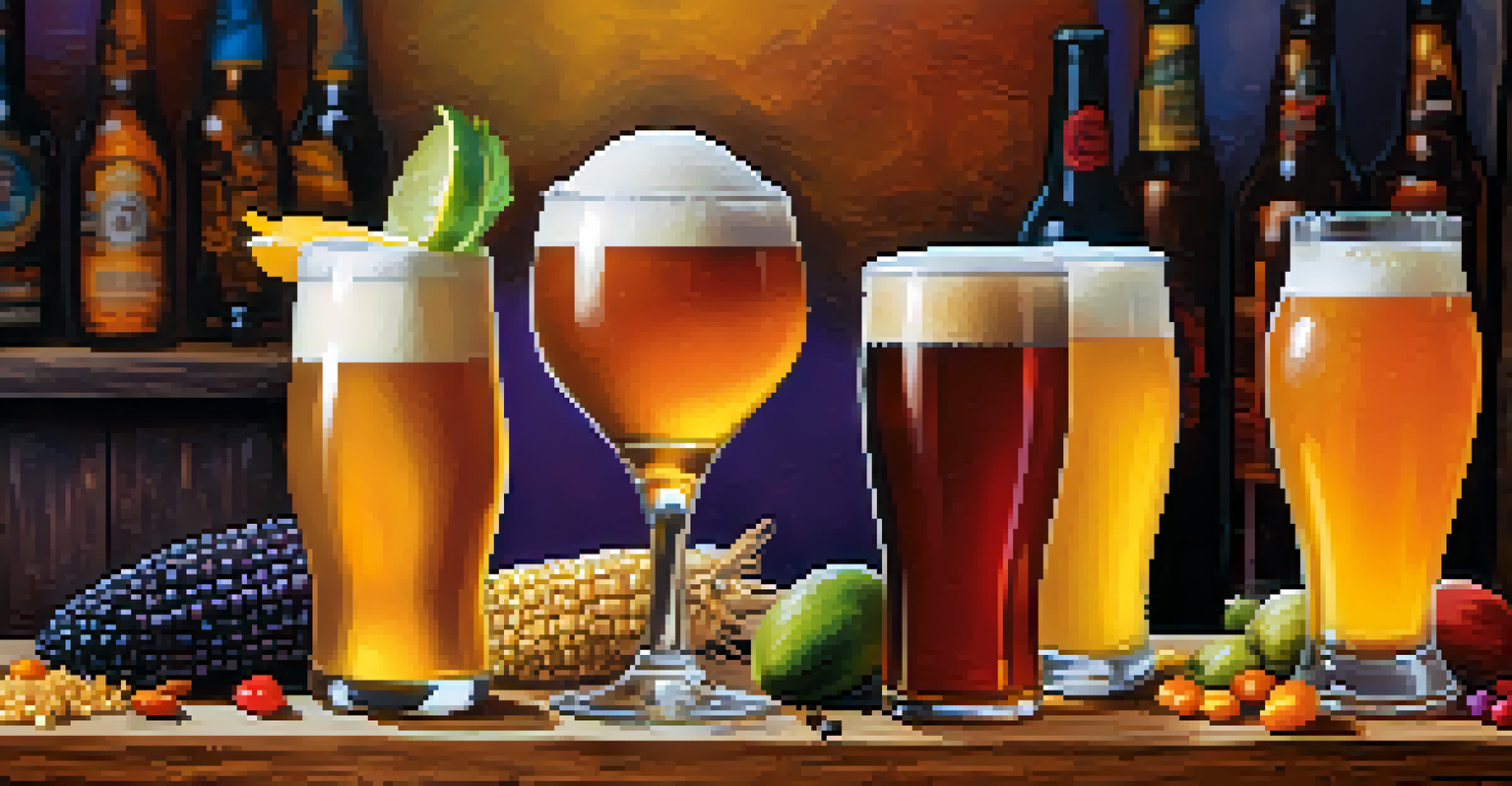 A close-up of various Peruvian craft beers on a rustic table, highlighting their unique colors and local ingredients.