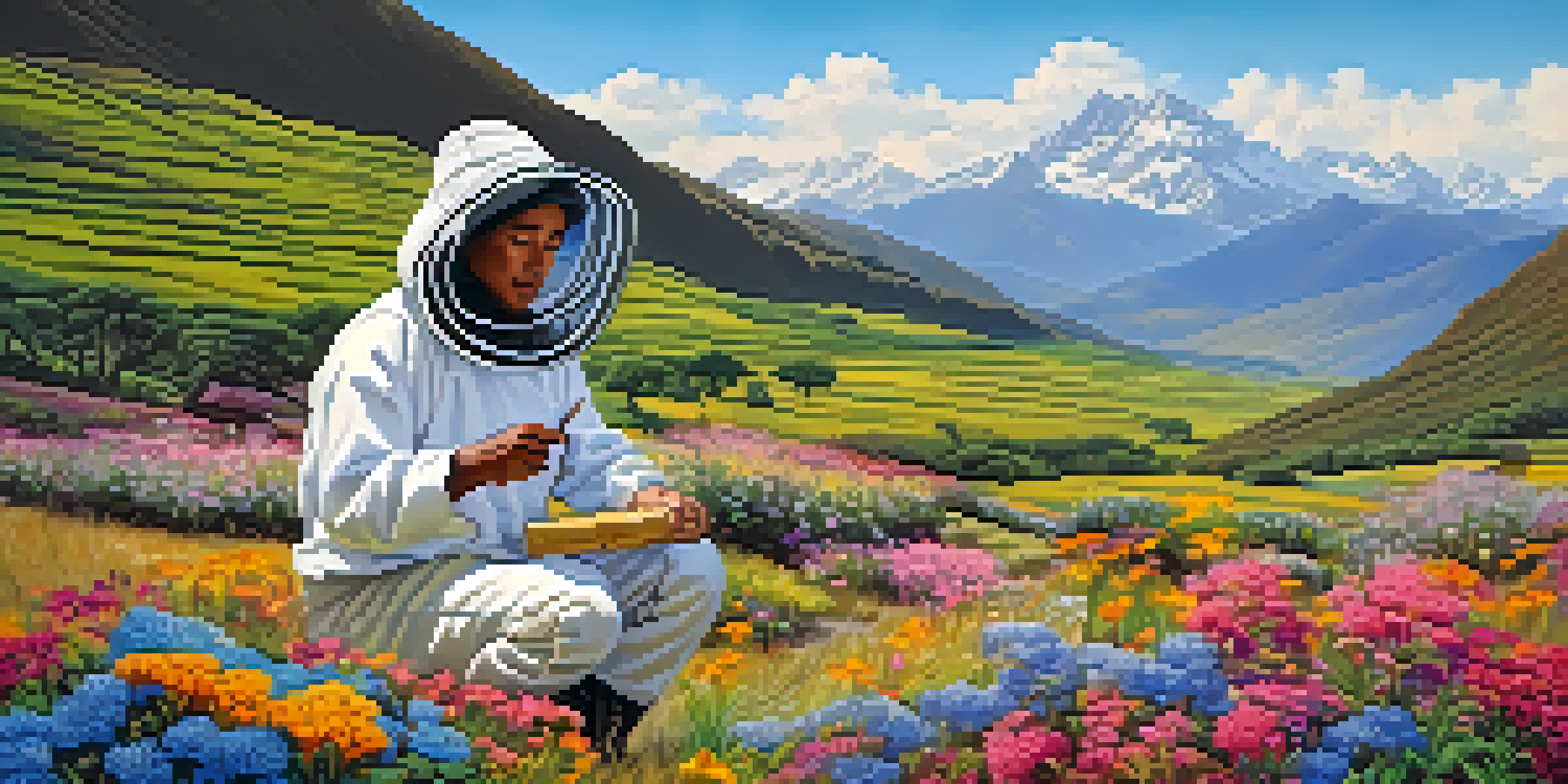 A Peruvian artisan beekeeper in a white suit inspects a beehive among colorful wildflowers, with the Andes mountains in the background under a clear blue sky.