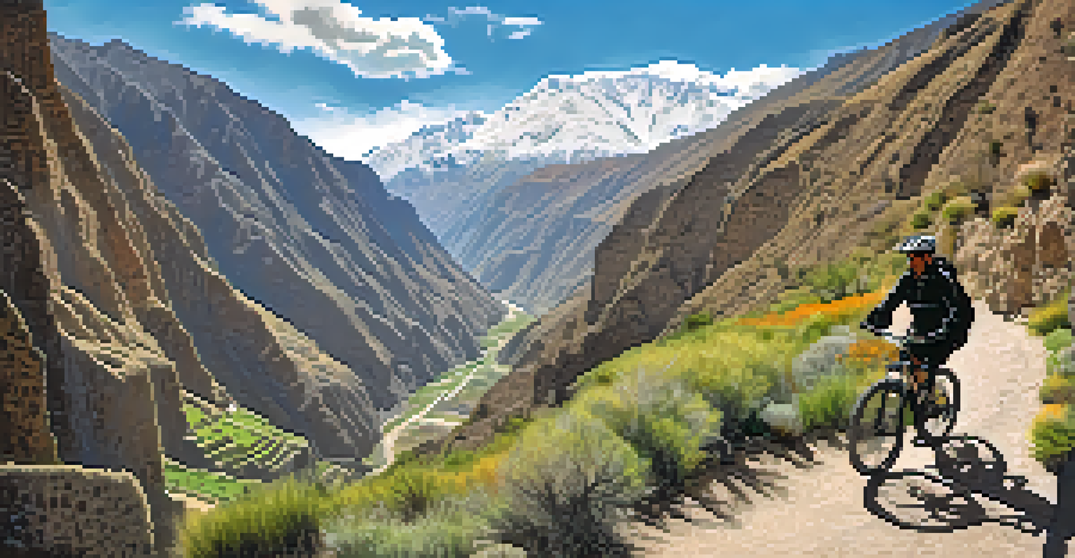 A mountain biker taking a break to enjoy the view of Colca Canyon, with Andean condors flying above and lush vegetation around.