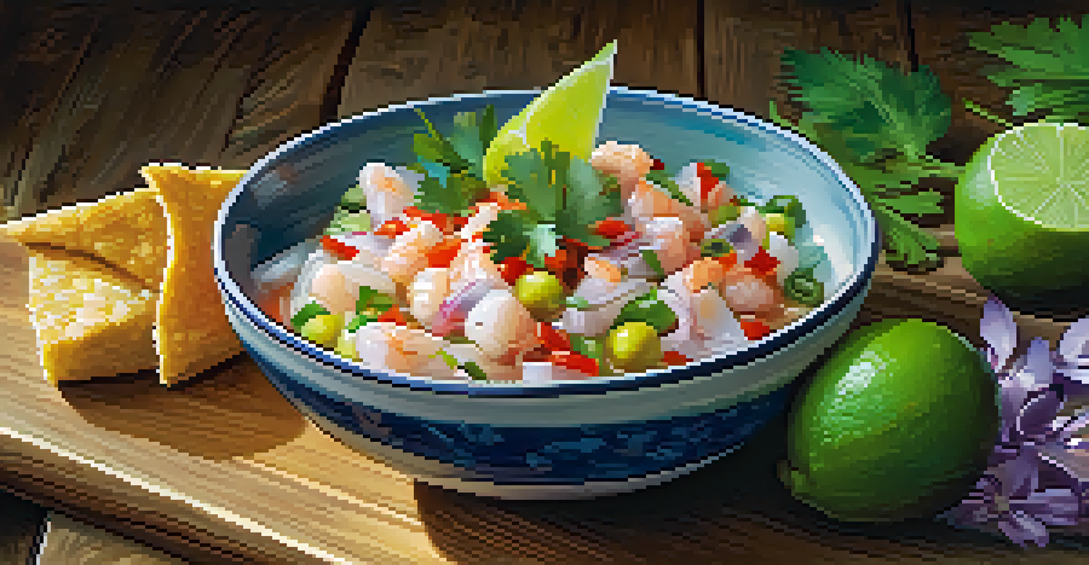 A close-up of ceviche plated with fresh fish, lime, and garnishes on a rustic wooden table.