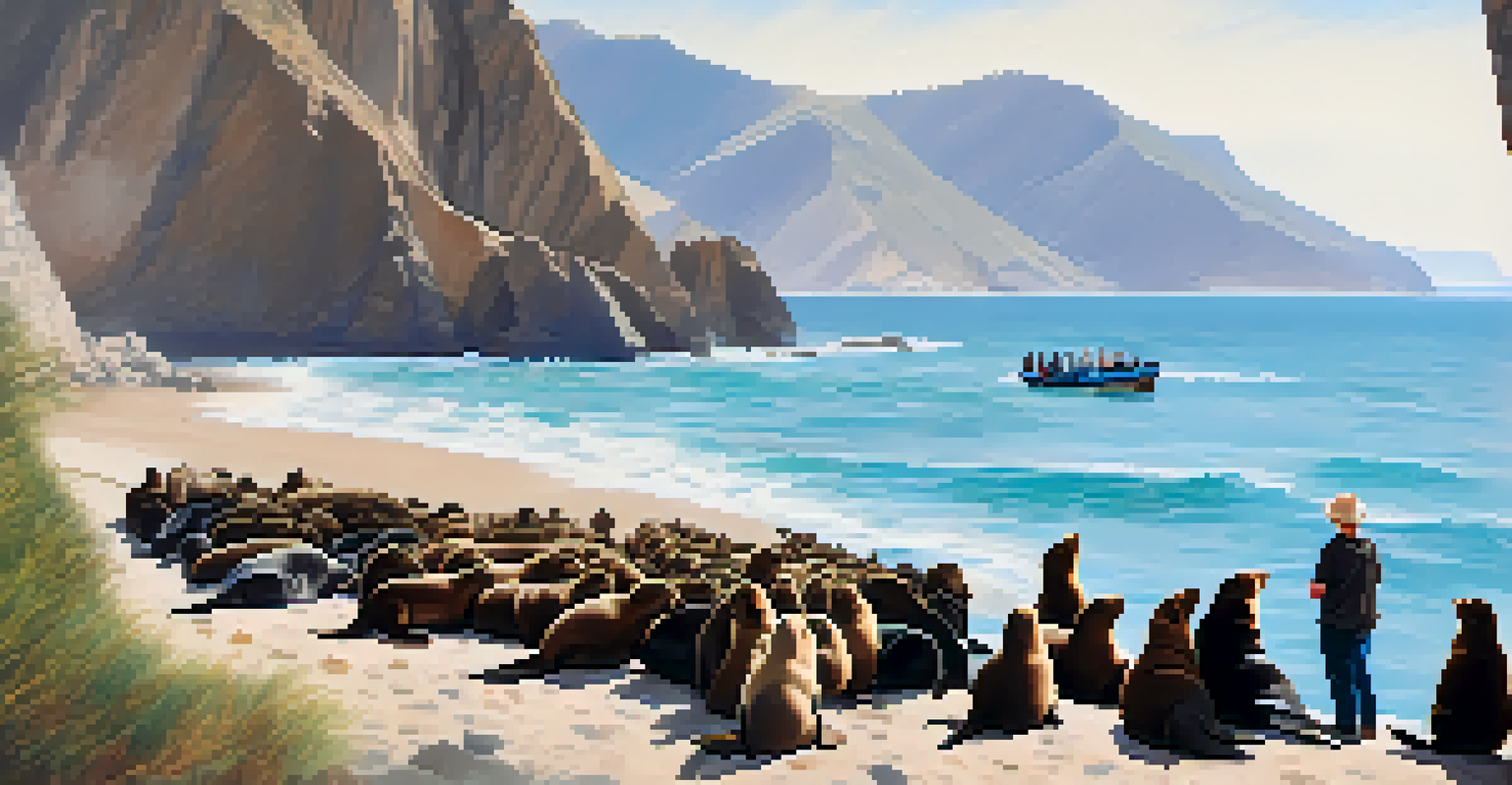 A group of tourists watching playful sea lions on the Ballestas Islands, with coastal cliffs and blue waters in the background.