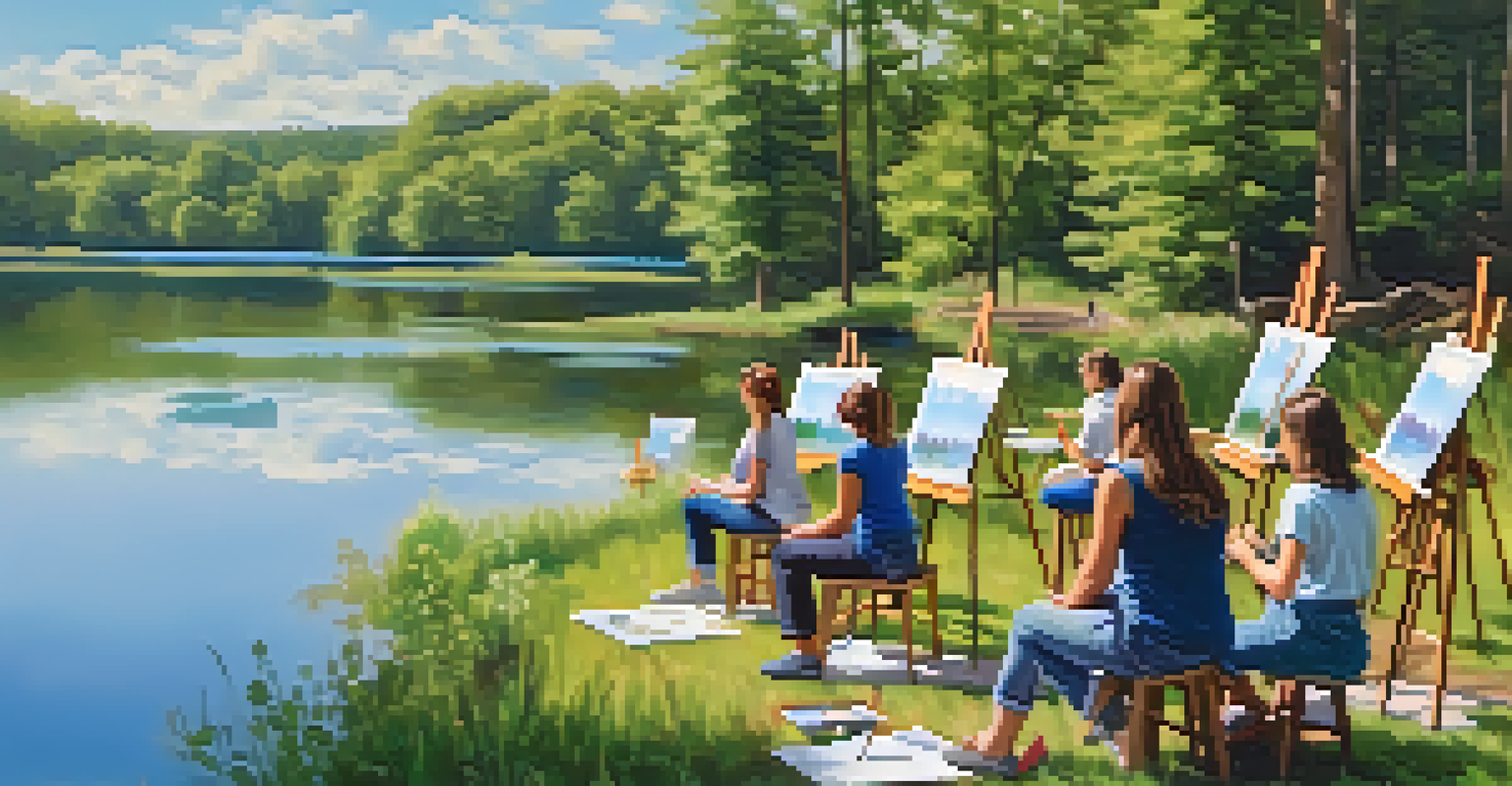Students painting landscapes outdoors, surrounded by nature, with a clear blue sky and tranquil scenery.