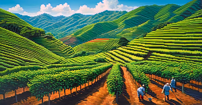 A picturesque coffee farm in Chanchamayo, Peru, featuring a farmer picking ripe coffee cherries among lush greenery and colorful flowers.